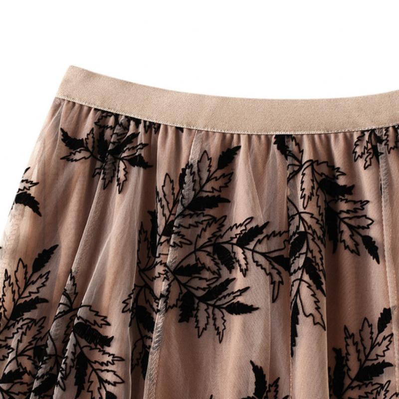 Saia de gaze estampada flocada saia feminina outono comprimento médio uma linha saia grande saia de malha floral saia longa