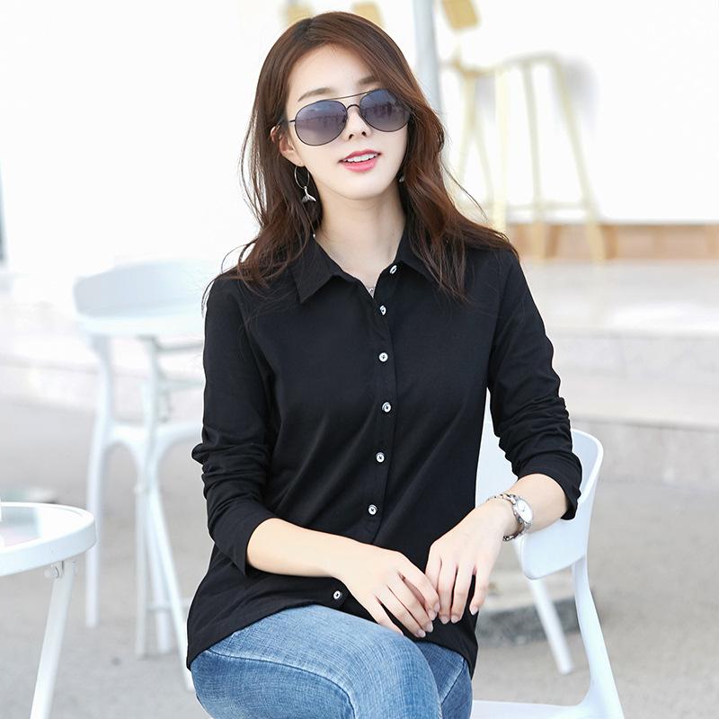 Women‘s Turn Down Collar Long Sleeve Slim Fit Shirt Cotton Solid Casual Top