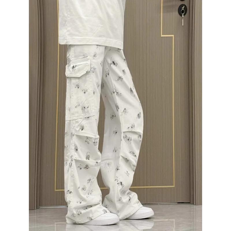 

Ink-splashed pleated tooling jeans men s washed loose straight logging pants S белый