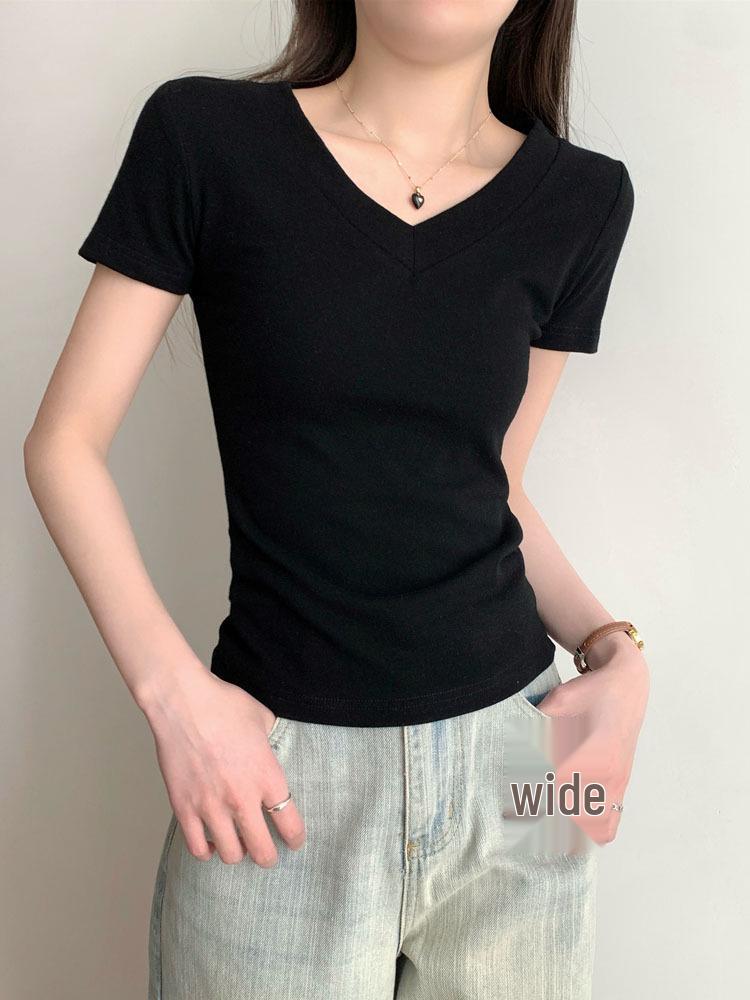Women s Light Gray Slim Fit V-Neck Cotton Short Sleeve T-Shirt Medium чёрный