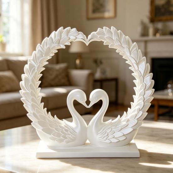 3D Printed Heart Shape Swan Couple Figurine, Romantic Love Statue for Wedding Women Couple Wife, Modern Style Decor for Shelf Office Living Room
