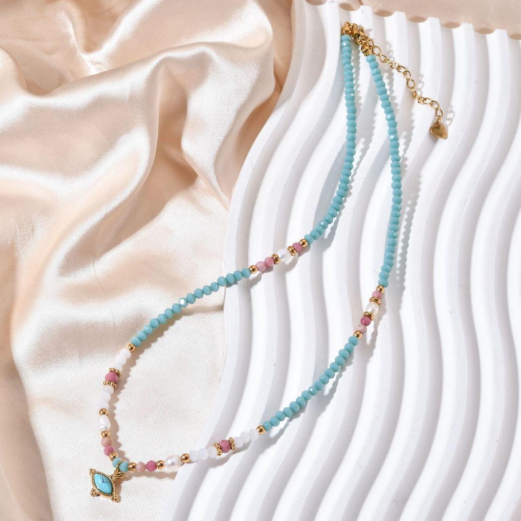 Elegante Süßwasserperlen- und Farbedelstein-Halskette mit Schlüsselbein-Kette aus Edelstahl