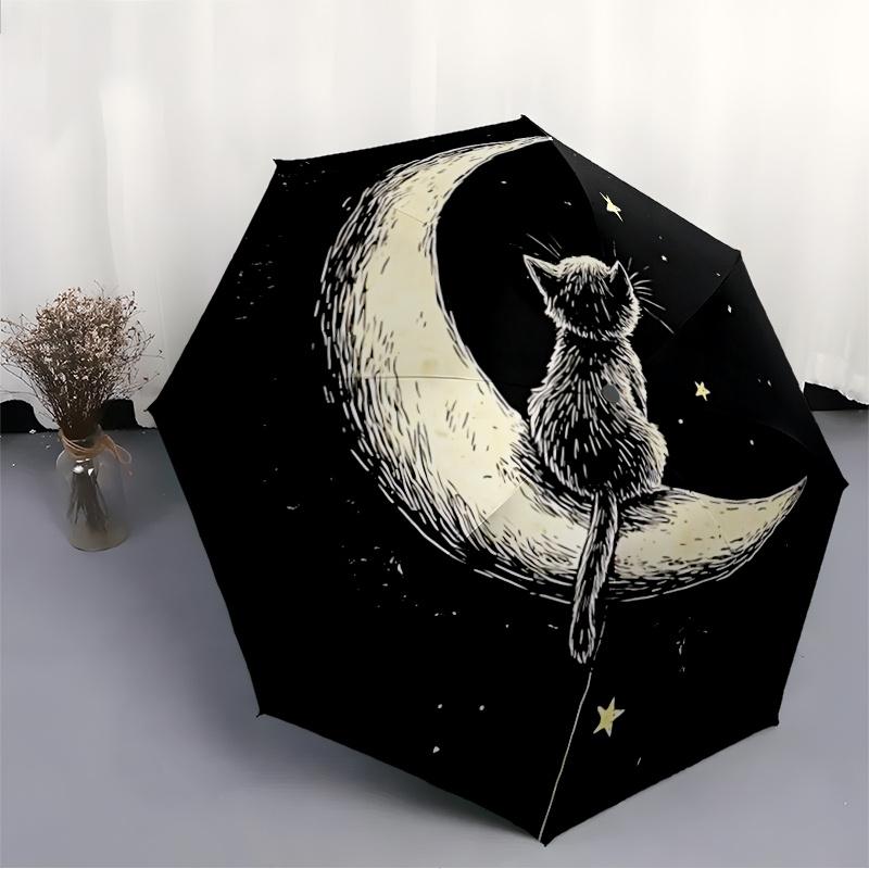 1pc Moon Cat Automatic Open/close Umbrella, 8-Rib Sturdy Structure, Artistic Pattern, Compact Design, Fashion Lovers L050
