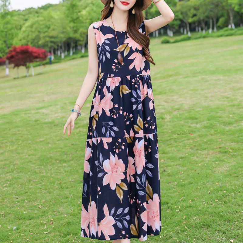 Elegant Sleeveless Dress for Women Plus Size Short Sleeve Vintage Print Long Dress Summer Casual Middle-aged Women's Clothing
