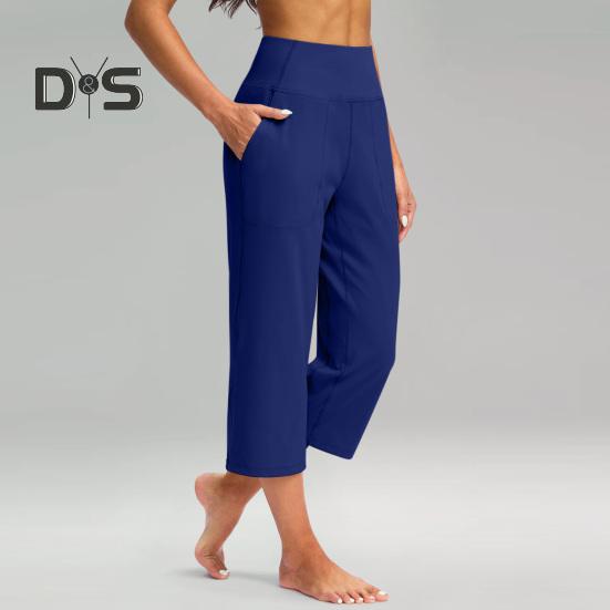 Pantaloni de Yoga pentru Femei Elastici cu Talie Înaltă, cu Picior Larg, Pantaloni Crop cu Buzunare, Pantaloni Stil Sportiv Casual