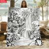 Forest Waterfall Coloring Cozy Throw Blanket, Nature Line Art Couch Bed Warm Wrap for Camping, All Season Decor Gift