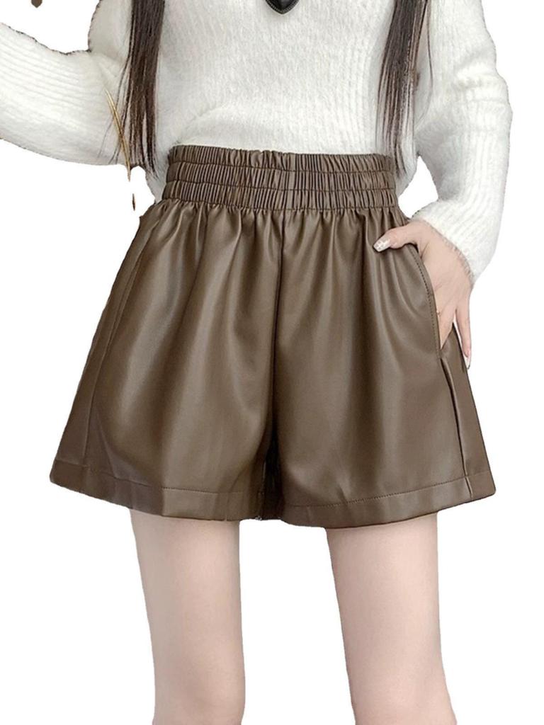 Women's High-Waist Black Leather Shorts: Small, Wide-Leg, Casual Autumn/Winter Base Layer.