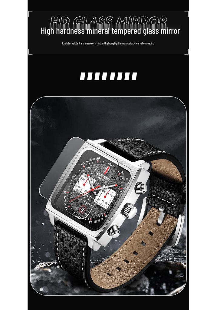 Sanda Men's Chronograph Quartz Watch: Square Dial, Three Eyes, Six Hands, Luminous, Calendar, Waterproof.