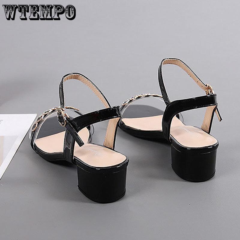 Women's Fashion High Heel Sandals Summer Leather Low Heel Simple Sexy Square Head Fairy Wind Sandals | Sequins Rhinestones A Buckle | PU Material