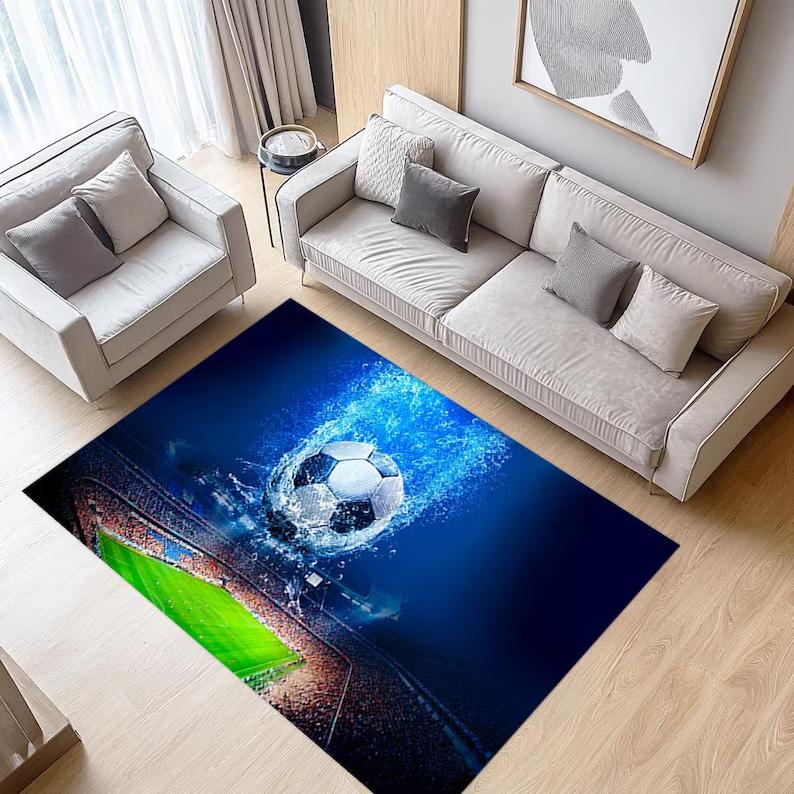 3D Football Carpet Photorealistic Radiant Blue Glow & Sparkle Print Rug, Energetic Motion Illusion Floor Mat for Sports Fan Room
