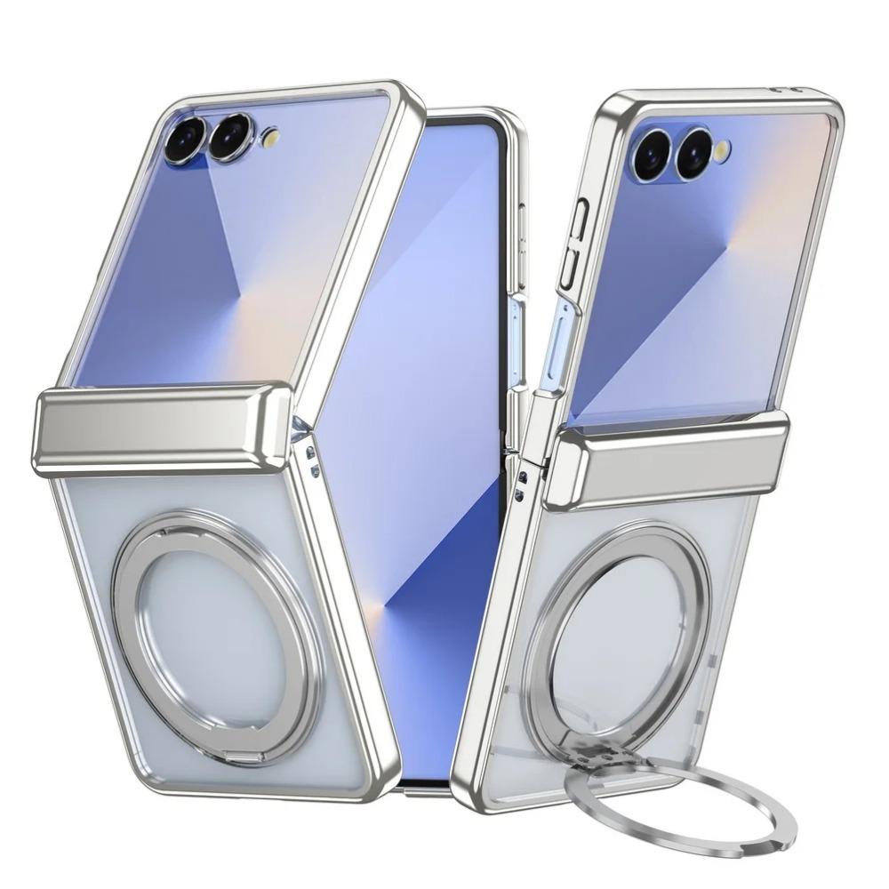 Obrotowy Uchwyt Pierścieniowy Platerowana Ramka z Magnetycznym Przezroczystym Etui na Telefon Samsung Galaxy Z Flip 7 Ochrona Obiektywu Odporny na Wstrząsy Tylna Pokrywa