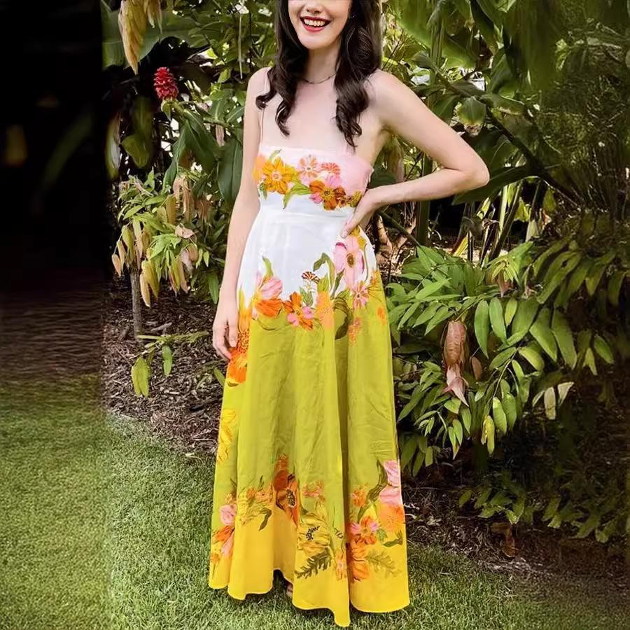 2025 nowa europejska i amerykańska seksowna bawełniana i lniana sukienka z nadrukiem na ramiączkach, pozycjonująca, wahadłowa, damska