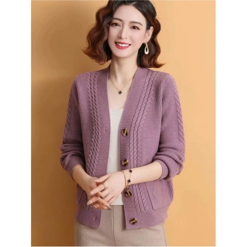 Women's Autumn Loose and Thick Knitted Cardigan, Middle-aged Mother's Simple and Elegant Sweater Jacket