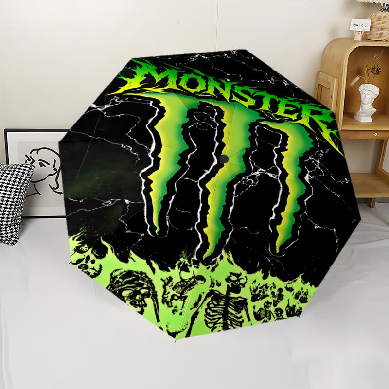 Monster Energy LOGO Print Automatic Umbrella, 8 Rib Iron Frame, Plastic Handle, Suitable for Outdoor Travel &Daily , Ideal Gift