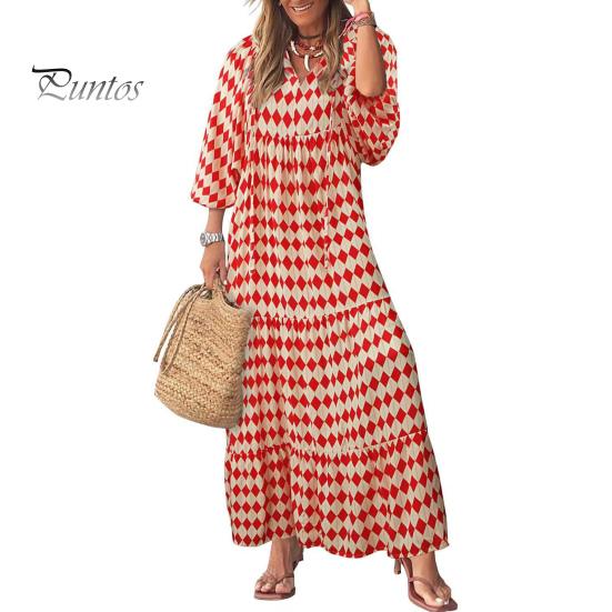 Damen Herbstkleid Puffärmel V-Ausschnitt Bedruckt A-Linie Locker Knöchellang Patchwork Böhmisches Strand Maxikleid Alltagskleidung Langes Kleid