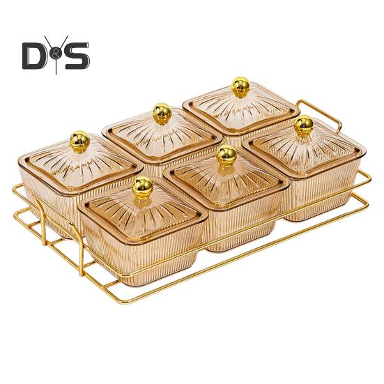 

Поднос для орехов и конфет с крышками, фруктовая тарелка, пластиковое отделение, демонстрационная тарелка для закусок, раздельные сервировочные миски для кофе и чая 6Grid золотистый