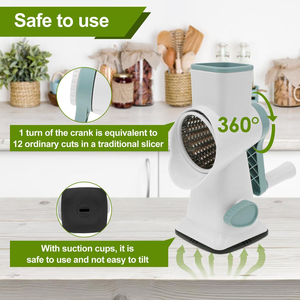 Rotary Cheese Grater with Handle Manual Rotary Cheese Grater Shredder with 3 Replaceable Stainless Steel Drum Blades and Suction