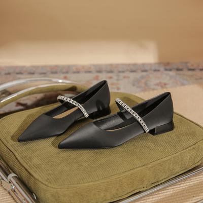 29810 [sheepskin] Thick-heeled Flat Shoes for Women's 2025 New Pointed Rhinestones with Mary Jane Single Shoes