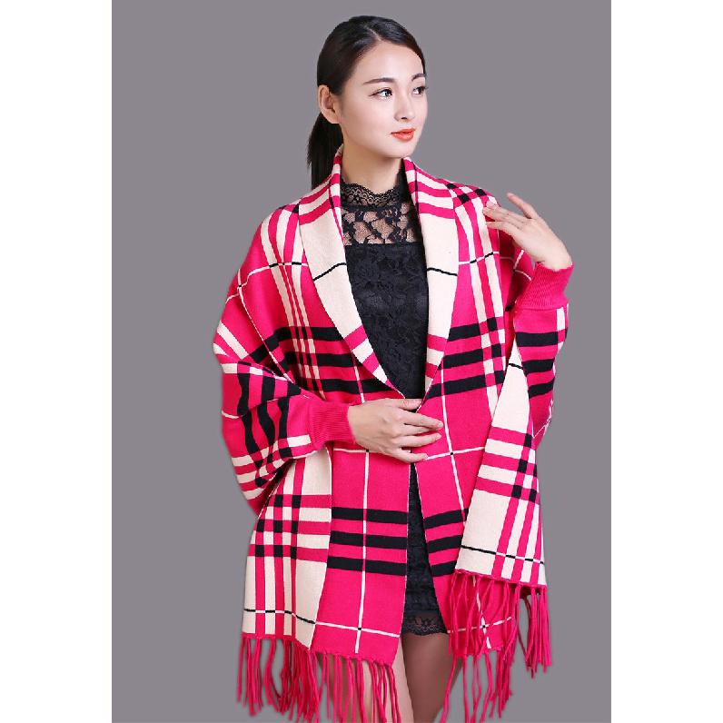 Winter Scarf, Knitted Shawl, Dual-use Multifunctional Plaid Coat for Women, Thickened with Tassels and Sleeves, Cheongsam Cape