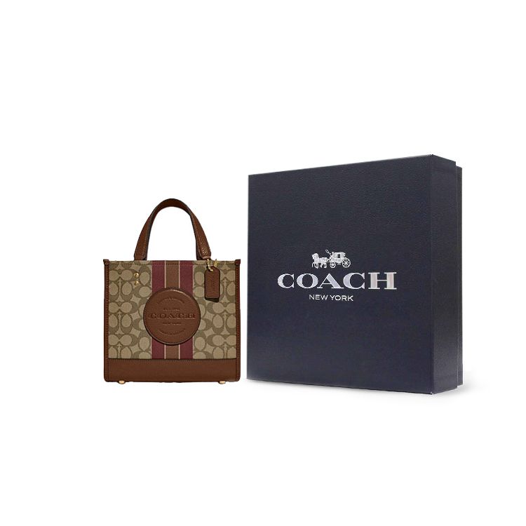 Coach Dempsey 22 Letter Logo Stripe Print Fabric And Leather Tote Bag Women Tote Bags Elephant-Gray Brown C8417-IMVGB