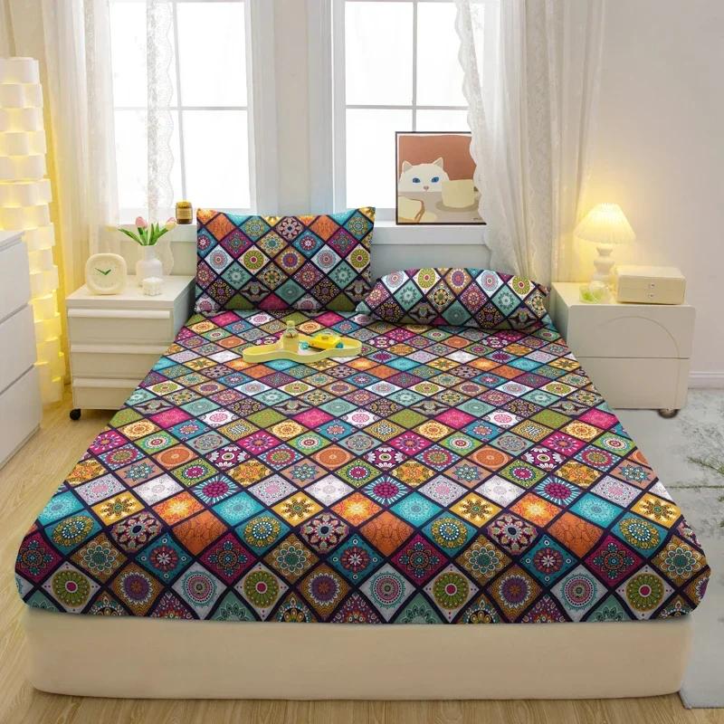 Simple 3-Piece Modern Bohemia Pattern Matte Three Piece Fitted Sheet Set, Bedroom Printed Bed Cover Set, Bedding