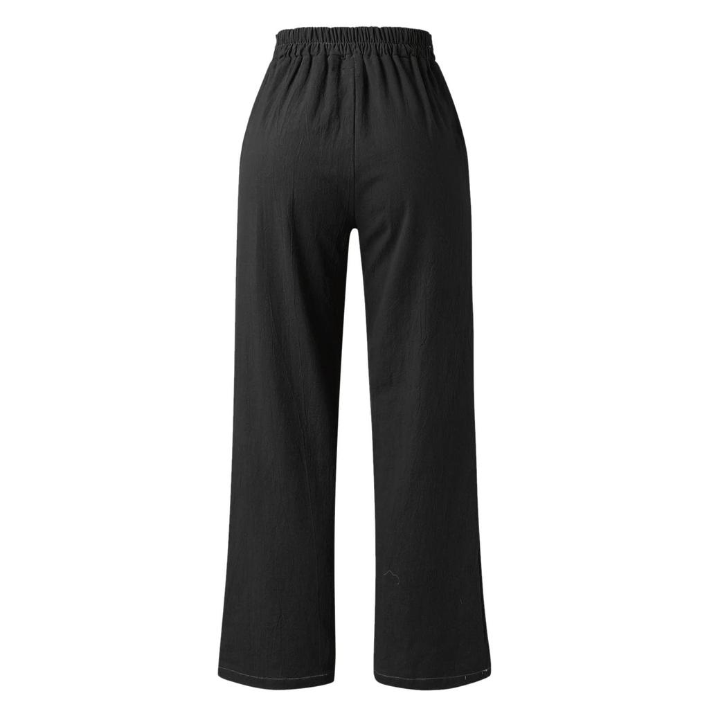 Lockere Hose mit weitem Bein und Tasche für Damen, lässige Hose mit Knopfleiste, elastischer Taille, lockere Hose aus Baumwollleinen