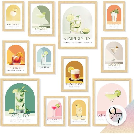 97 Decor Vintage Cocktail Poster - Bar Cart Accessories and Decor, Retro Cocktail Wall Art, Funky Drink Aesthetic Pictures, Colorful Preppy Bar Art