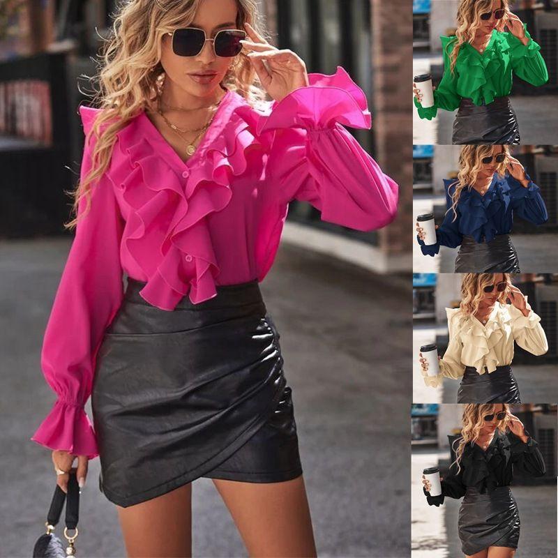 

2025V Collar Ruffle Hem Elegant Shirt with Temperament Black M