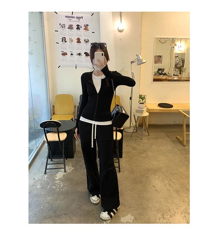 Women's Korean Style Colorblock Zip-Up Cardigan Long Sleeve T-Shirt - Autumn/Winter 2024 Slimming Top