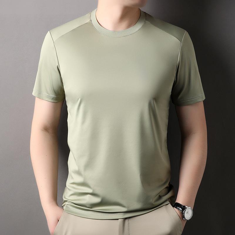 Summer Spandex Ice Silk Solid Color Short-sleeved Young and Middle-aged Men's Round Neck Casual Fashion T-shirt for Men