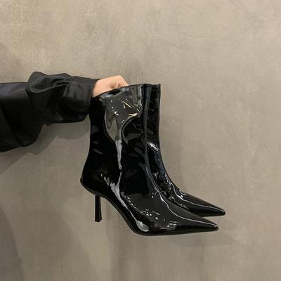 Nightclub Party Patent PU Leather Women Ankle Boots Autumn Winter High Heel Ladies Pointed Toe Short Botas De Mujer