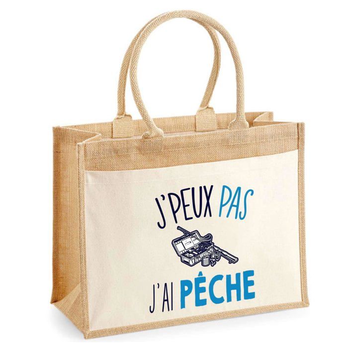 Sac de plage - PLANETEE - Jute avec poche "Pêche Boite de Pêche J'peux pas" - Coton - 43x33 cm - Anses bandoulière