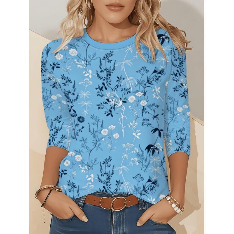 Women's Clothing, Long Sleeve Round Neck Casual Top, All Over Print T-shirt, Suitable for Spring and Autumn Season