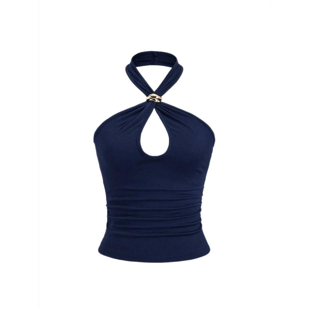 Gold buckle neck vest for women s summer outer wear, sexy pure desire super short top, neck design top S синий