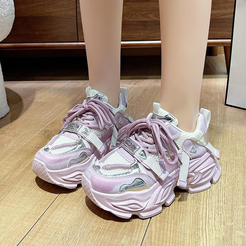 Fashion Trendy Plus Size Platform Sneakers  Thick Sole - Shiny Silver Lace Mesh Women's Shoes  Inner Height Increase Dad Fashion