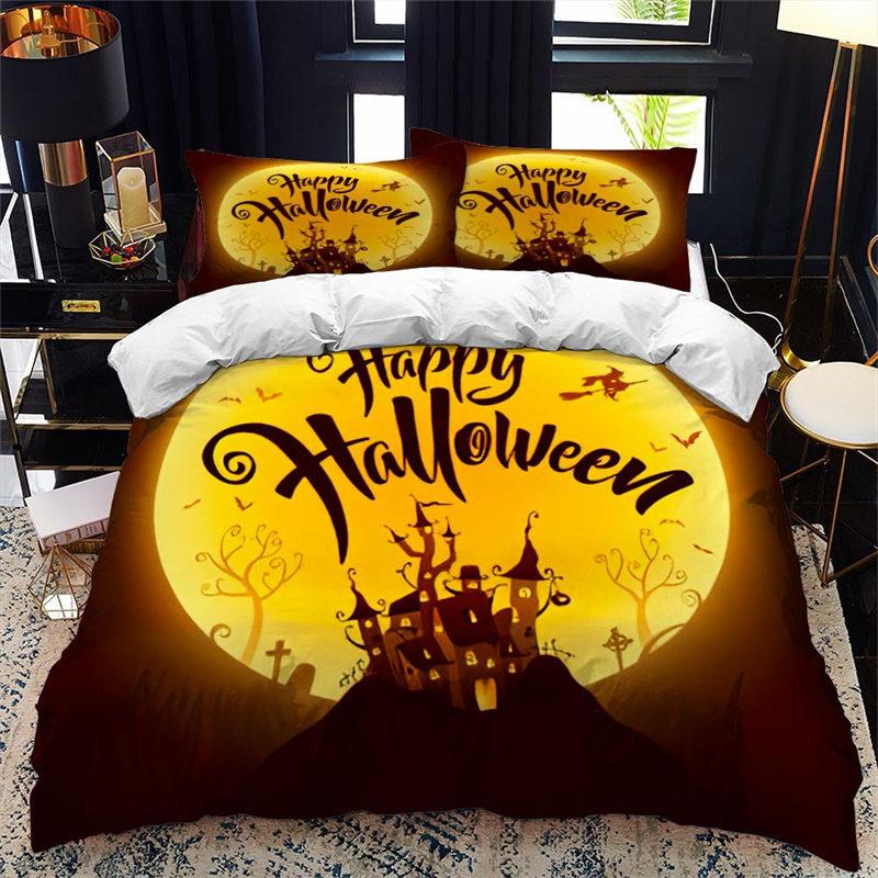Halloween Duvet Cover King Microfiber Medieval Haunted Castle With Garden Pumpkins Dark Clouds Scary Nights Print Bedding Set