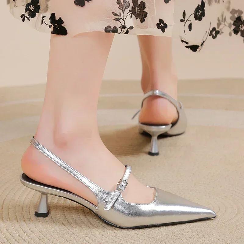 2025 Brand Women Shoe Slingback Women High Heels Elegant Dress Pumps Ladies Buckle Strap Pointed Toe Thin Heel Shoes Female
