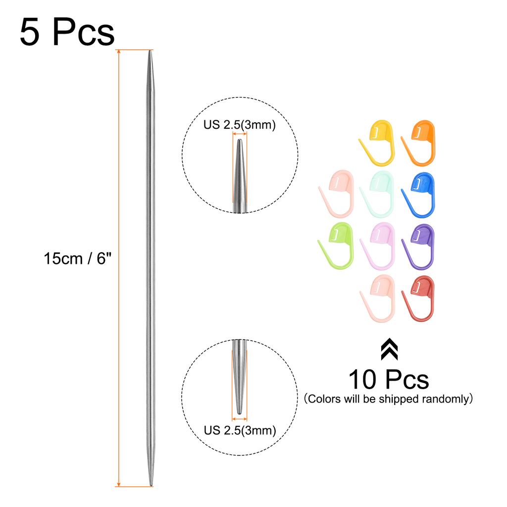 5Pcs Knitting Needle Size US 1.2-5mm Length Stainless Steel Double Pointed Sweater Stitching Needles w 10 Colorful Stitch Marker