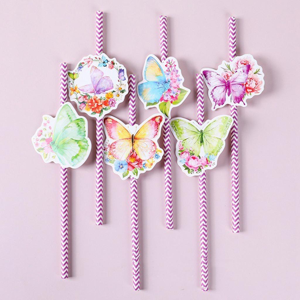 24pcs Butterfly Theme Party Decoration Straws DIY Colorful Butterfly Card Straws Kids Happy Girls Butterfly Birthday Party Decor