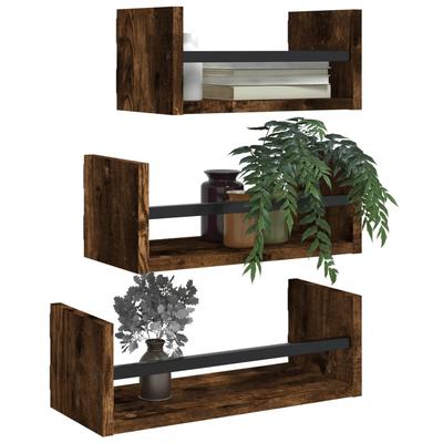 3 Piece Wall Shelf Set with Bars Smoked Oak Wood Based Material