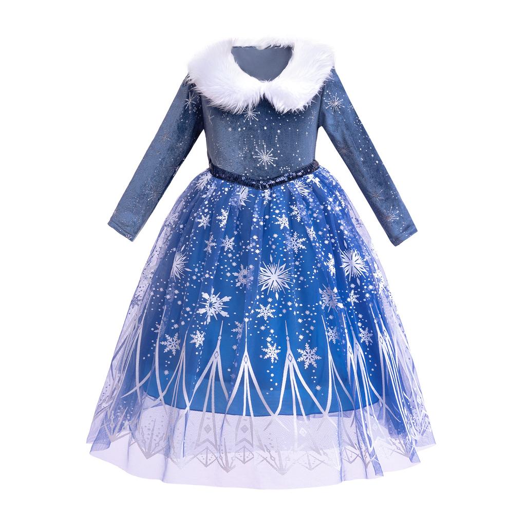 2023 Winter Princess Elsa Dress Christmas Gift Girls Fur Collar Princess Elsa Dress Frozen