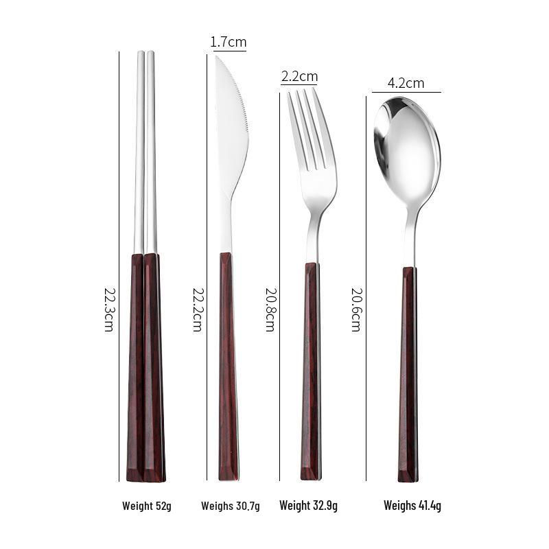 Korean Style 430 Stainless Steel Tableware Set with Imitation Wood Grain Handles: Includes Knife, Fork, Spoon, and Chopsticks