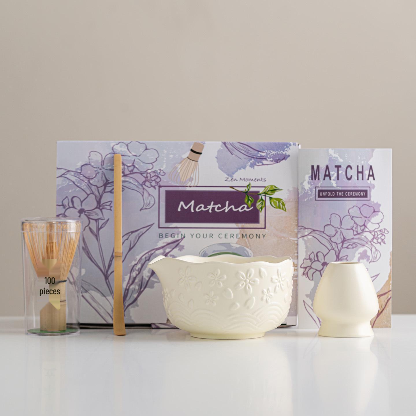 Cherry Blossom Ceramic Matcha Tea Set: 4-Piece Embossed Wave Bowls with Spout.