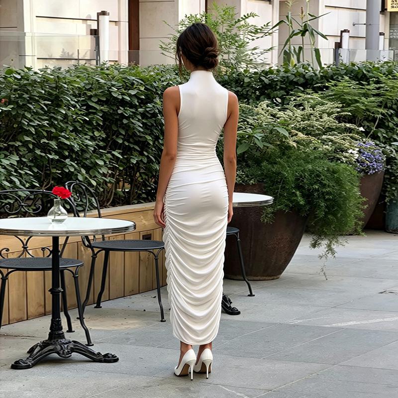 European and American Style 2026 New Turtleneck Sleeveless Pleated Long Dress Fashion Temperament Sexy Slim Dress Wholesale
