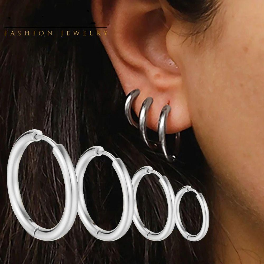 Circle Titanium Steel Hoop Earrings Sliver/Gold/Black Circular Earrings Man