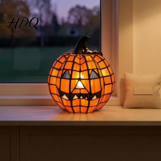 Jack-O-Lantern Nigh Light 1/2Pcs Halloween Bow Pumpkin Light Stained Glass Desk Lamp Table Centerpieces Spooky Decoration for Home Office Fall