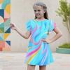 Girls Round Neck Flutter Sleeve Colorful Gradient Printed A Line Flared Dress