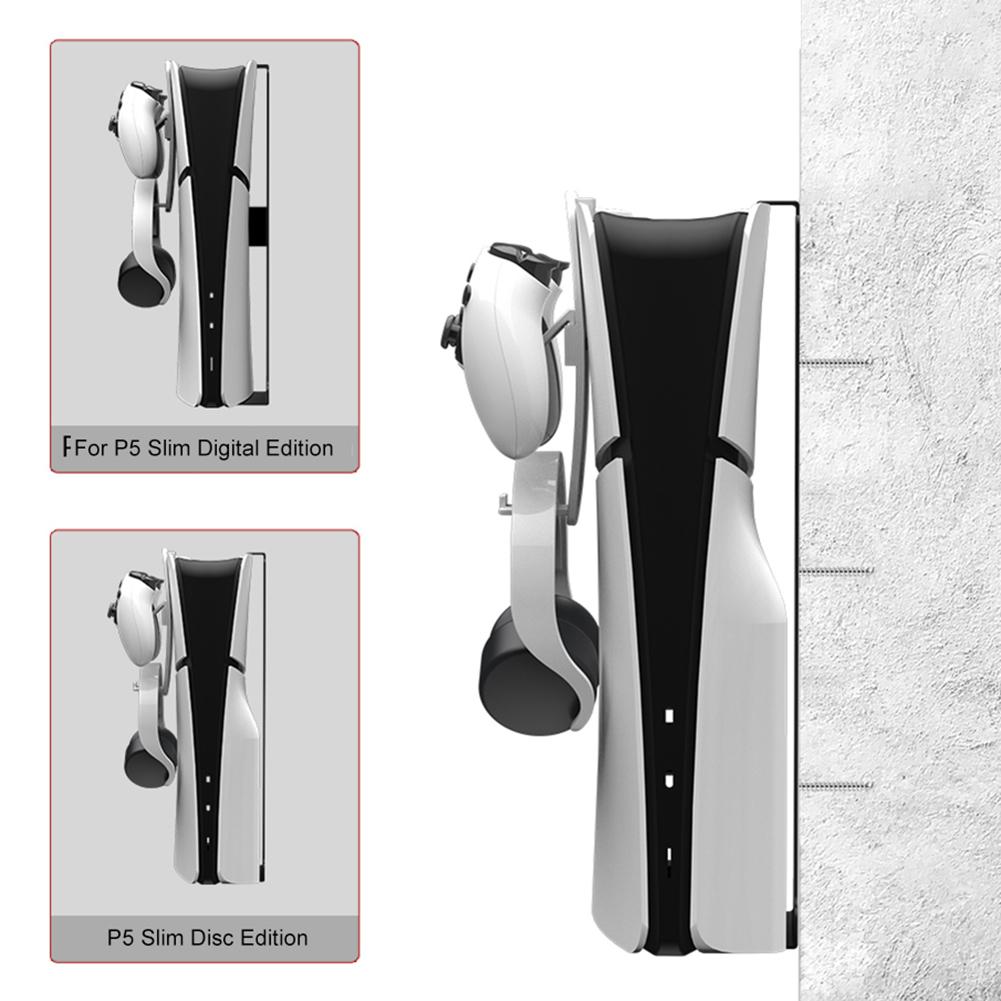 For PS5 Slim Host Wall Hanging Stand with Controller Headset Hook Display Holder Stable for PS5 Disc Version & Digital Edition