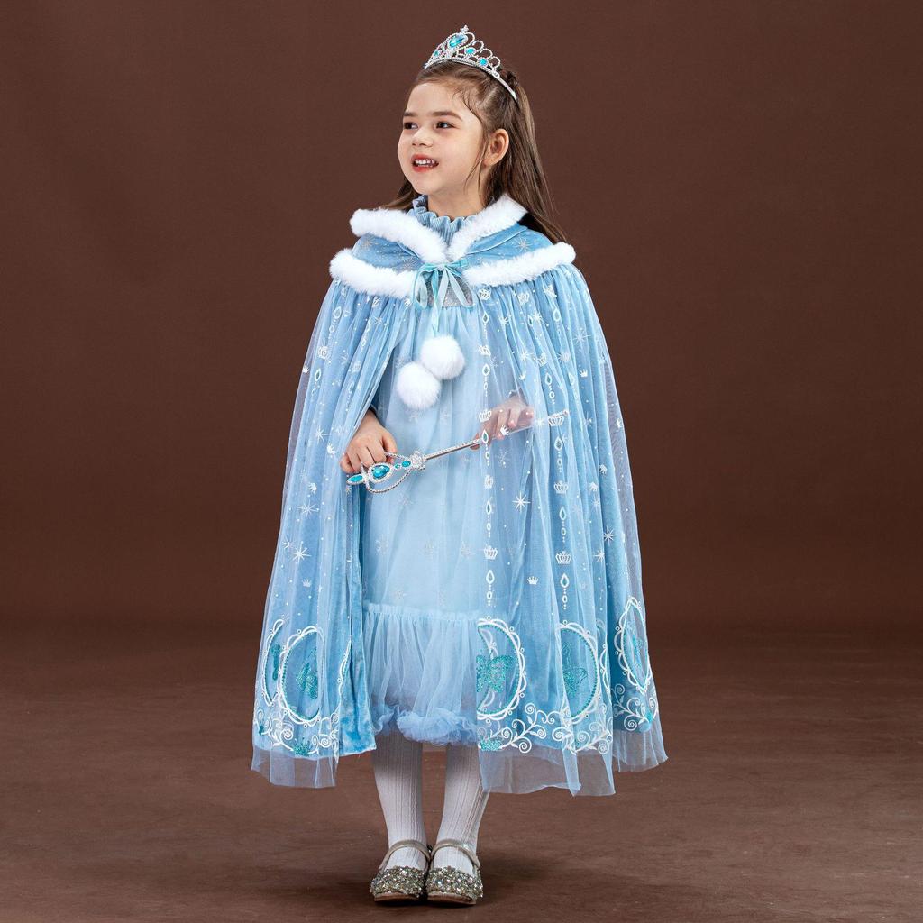 Frozen Elsa Princess Dress & Cloak Set for Girls - 2025 Autumn/Winter Halloween Costume