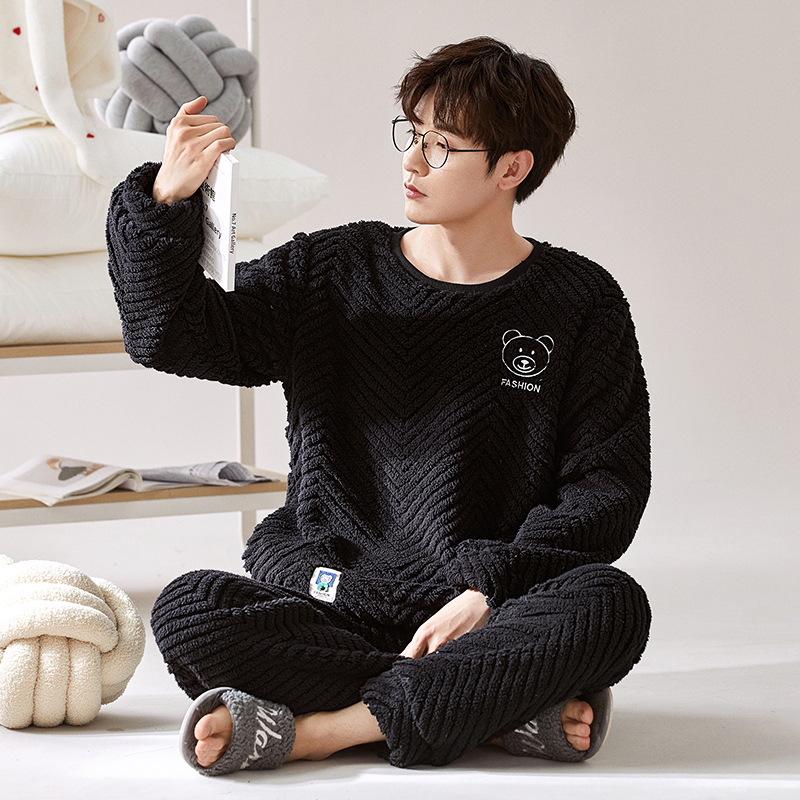 Men's Winter Thickened Coral Fleece Pajamas: Cute Cartoon Warm Homewear Set for Teenagers and Students